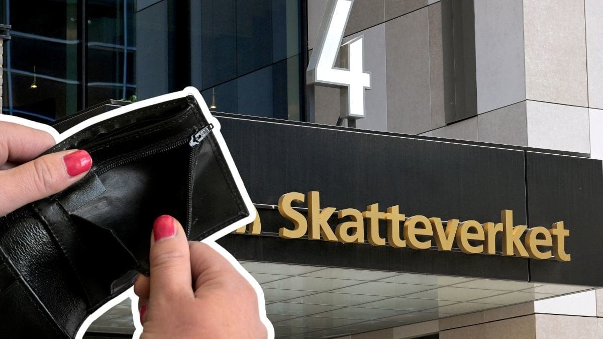 Tom plånbok och Skatteverket-skylt.