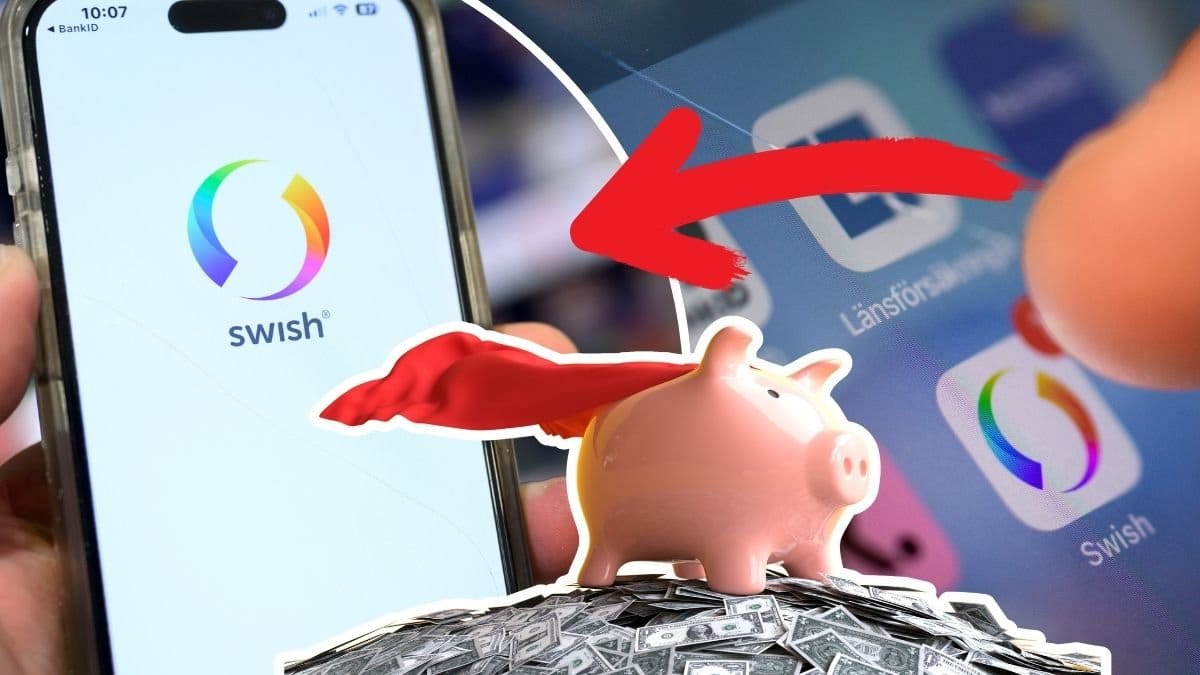 Swishdekal på mobil vänster. Swish appikon höger. Spargris med en cape utklippt i mitten.