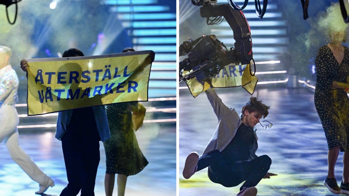Här stormar klimataktivisterna dansgolvet under Let's dance finalen