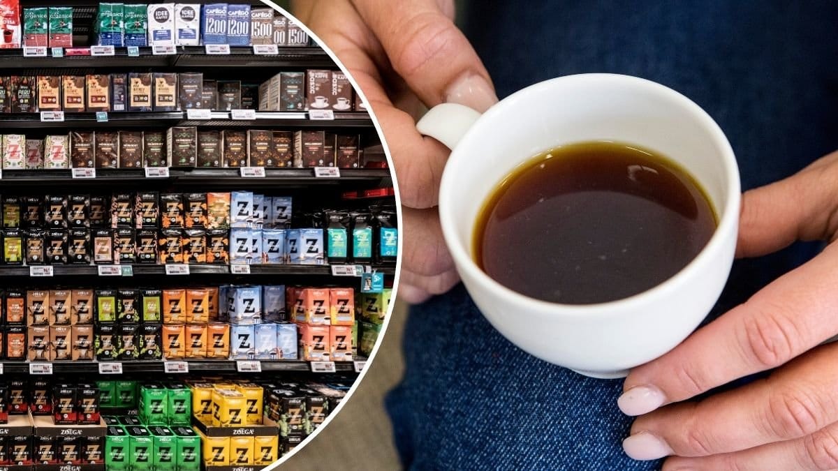 Bild på kaffepaket och en kopp kaffe.