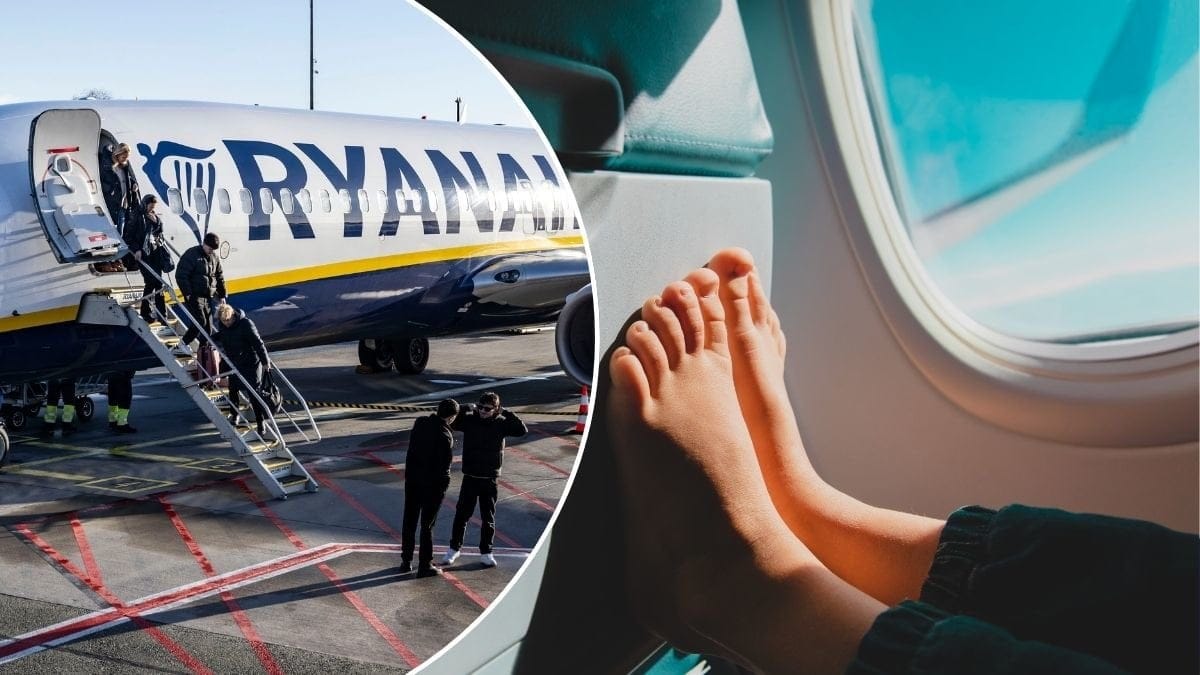 Bilder på fötter och ett flygplan.