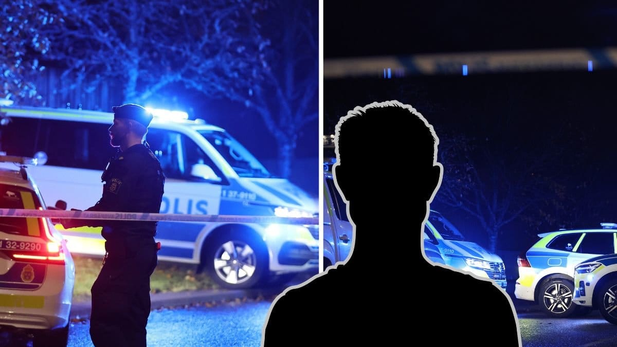 Blåljus och polis till vänster i Södertälje. Blåljus i Södertälje till höger. Manlig siluett i mitten av bilden.