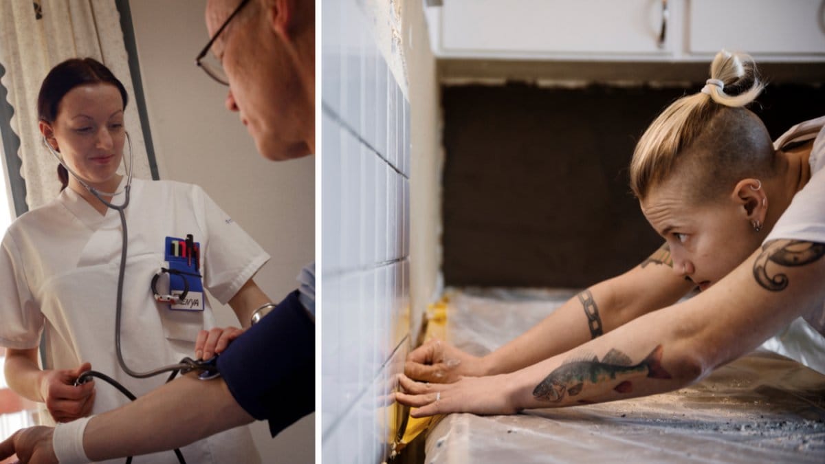 En sjuksköterska tar blodtryck och en plattsättare kaklar fast kakel