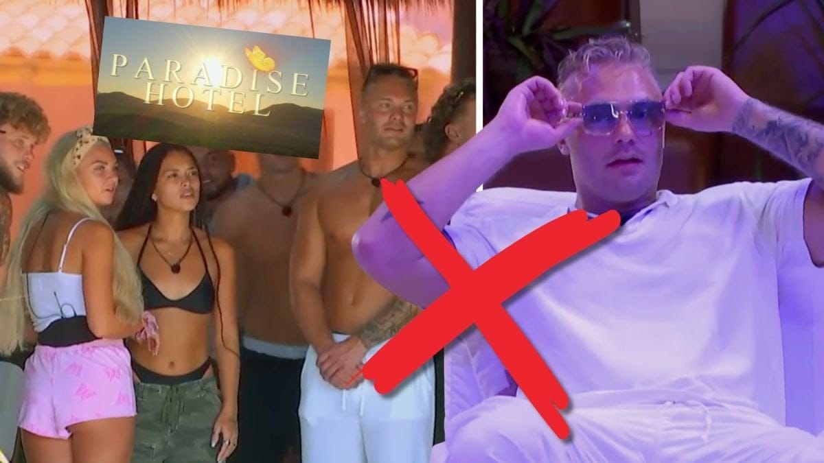 deltagarna i Paradise Hotel och Samuel Svensson på en festerna i Paradise Hotel iklädd solglasögon