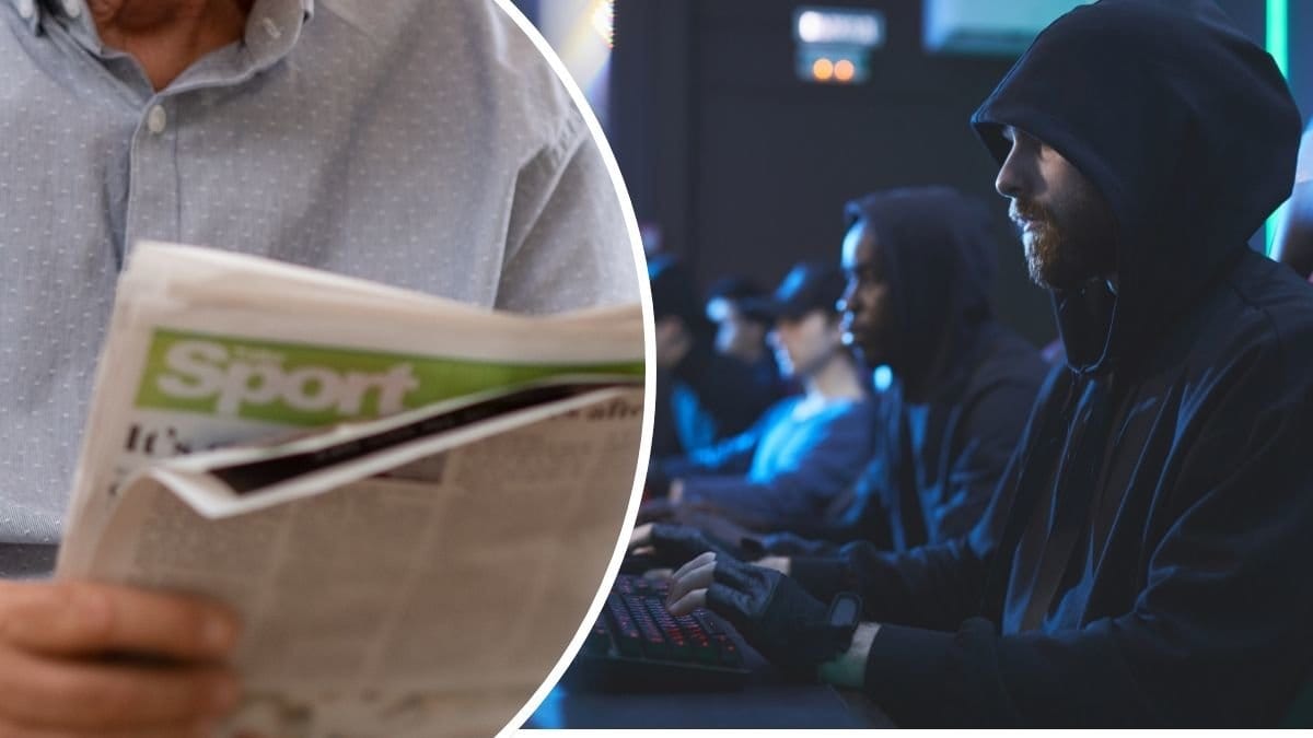 Bilder på hackers och en papperstidning.