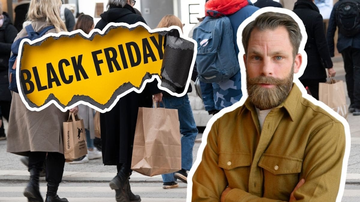 Människor med shoppingpåsar och vardagsekonomen Magnus Hjelmér