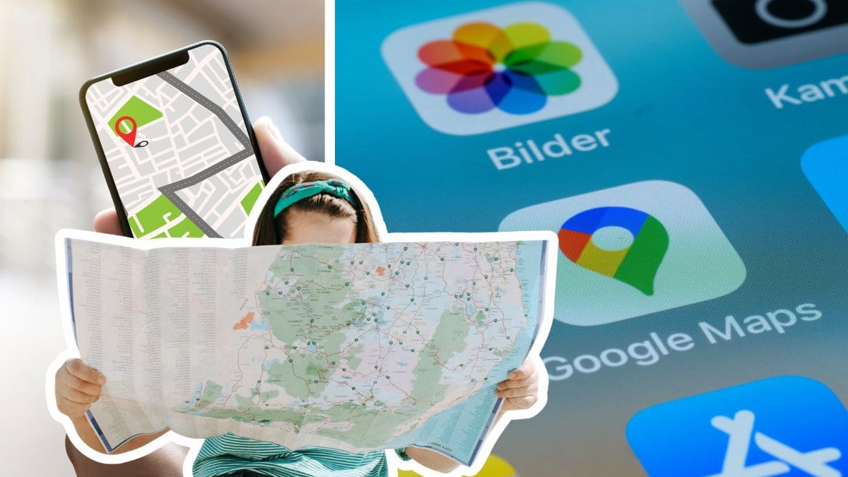 Person håller telefon med karta på till vänster. Google Maps app-ikonen till höger. Utklippt bild på kvinna som håller i en papperskarta i mitten.
