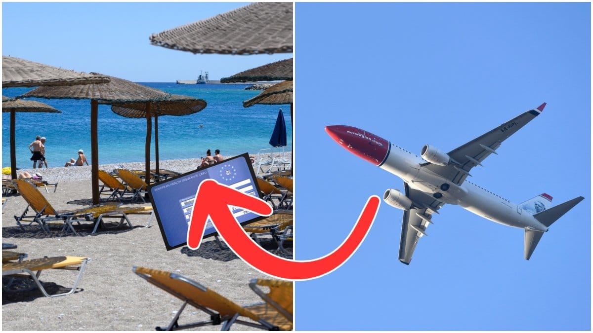 Strand, flygplan och pil som pekar på det europeiska försäkringskortet