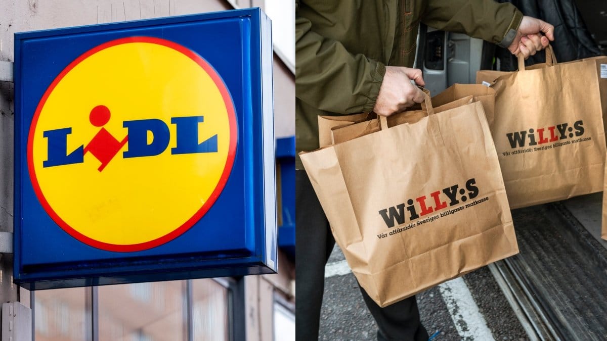 Lidl-skylt och bärkassar från Willys