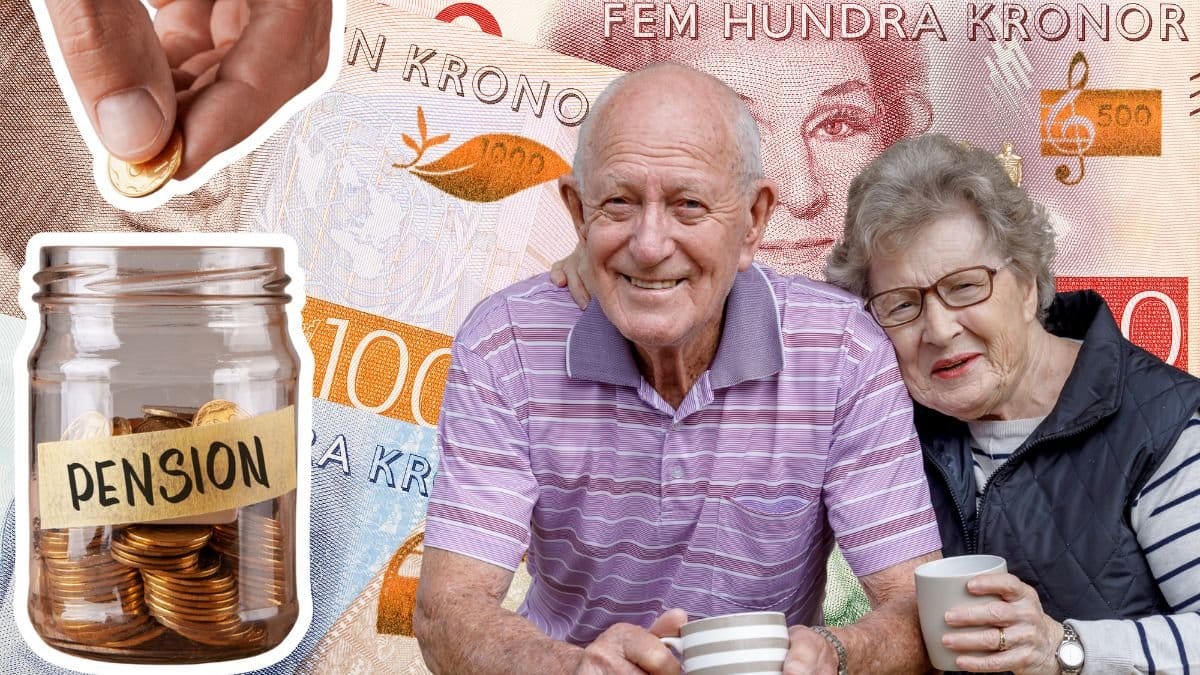 Sparburk till pensionen, ett äldre par och sedlar i bakgrunden.