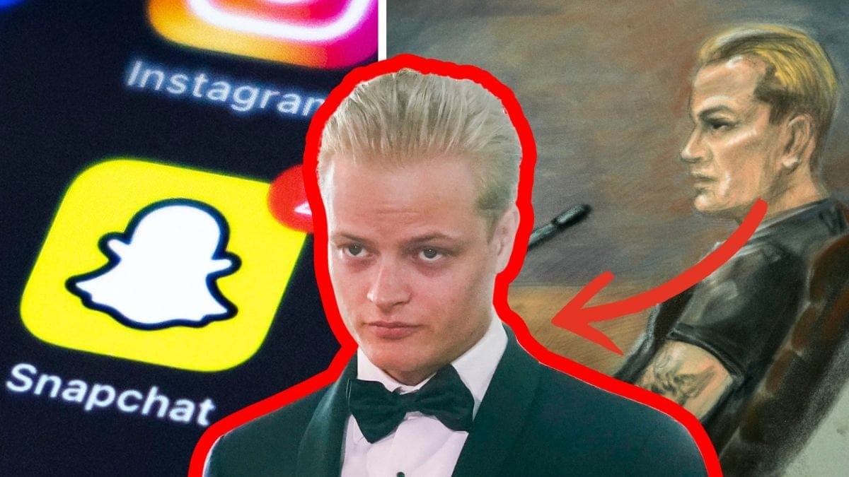 Snapchat-ikon på en skärm till vänster. Illustrerad bild av Marius Borg under sin rättegång höger. Utklippt bild på Marius Borg i mitten. Röd pil pekar på Marius Borg.