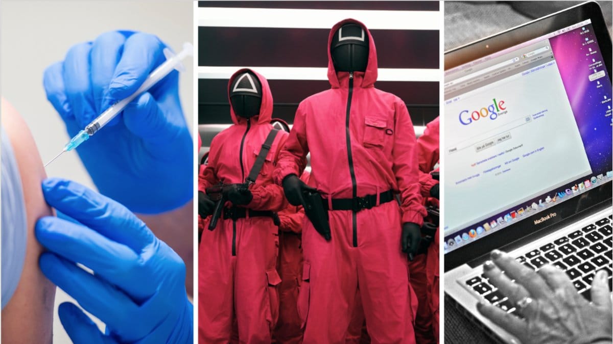 Ett collage som visar svenskarnas söktrender 2021. En som får covidvaccin, tv-serien Squid Game och en som googlar.