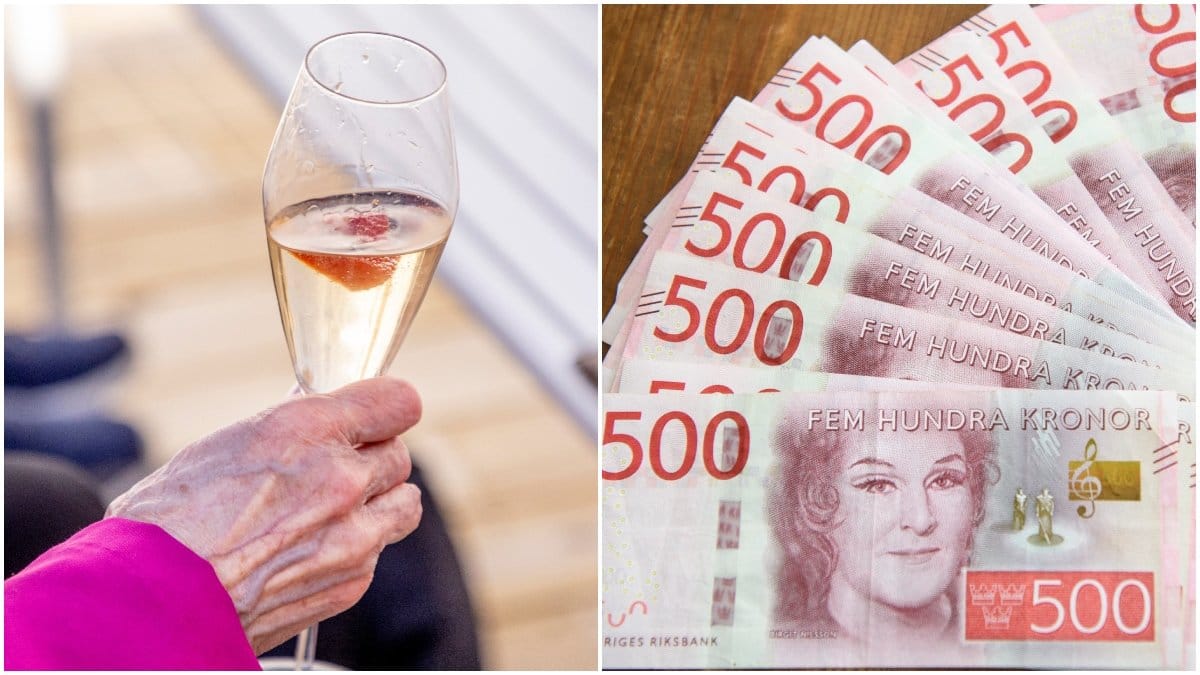 Pensionär med champagneglas och pengar.