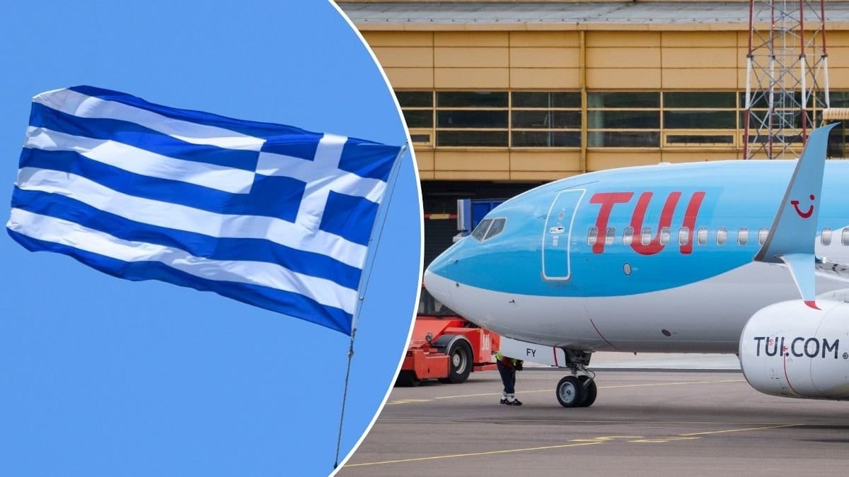 Bilder på TUI:s flygplan och en grekisk flagga.