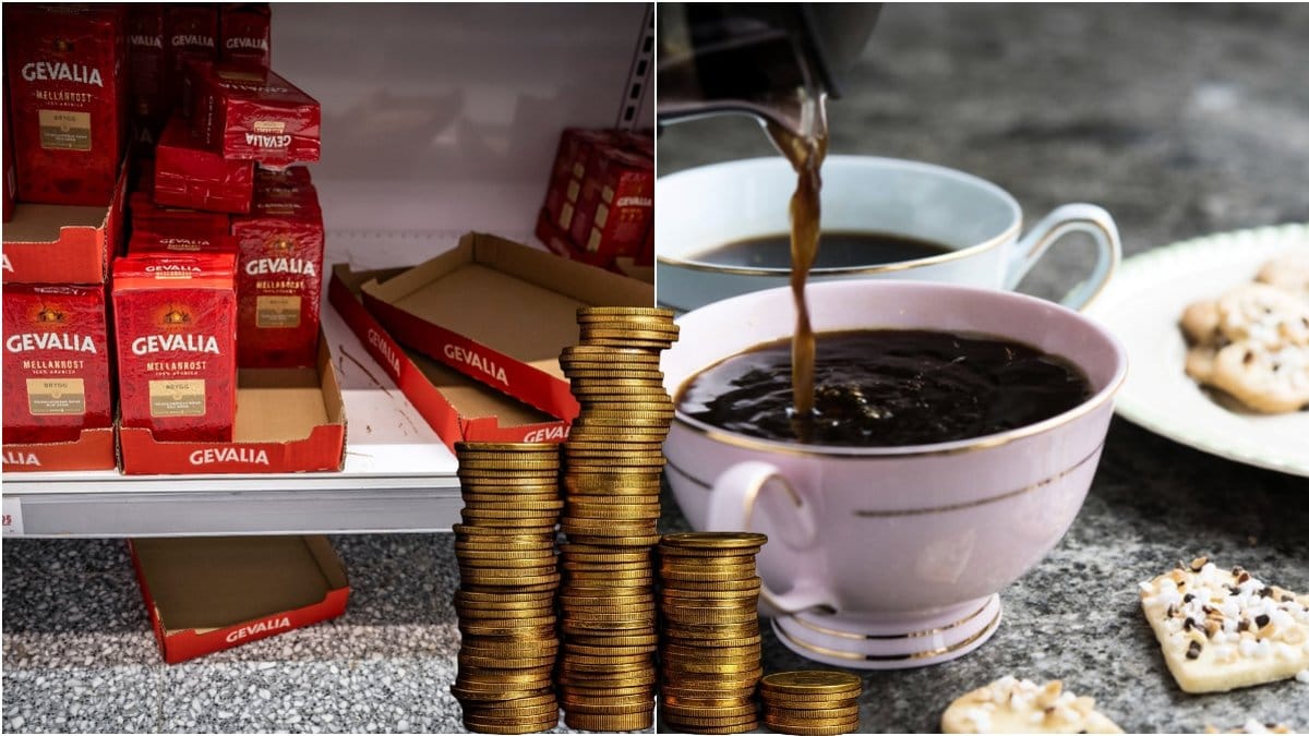 Kaffepaket och nybryggt kaffe i en kopp.