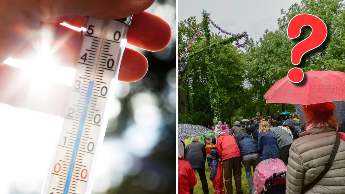 En termometer i solen och ett regnigt midsommarfirande.