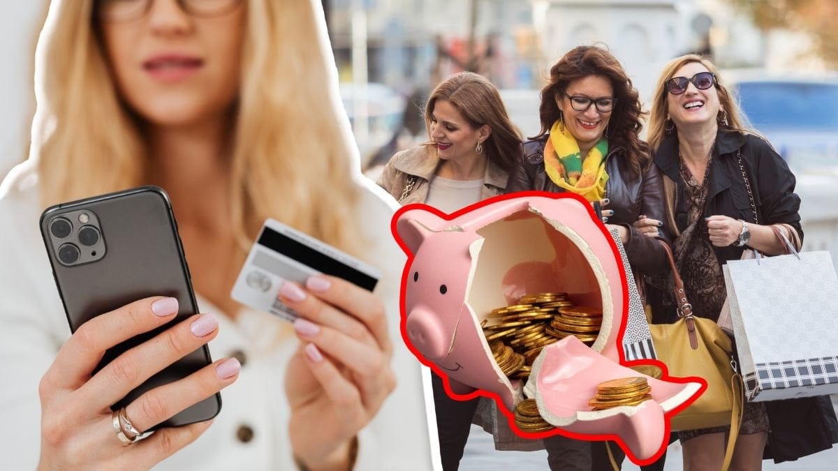 Kvinna med betalkort och telefon vänster. Tre kvinnor med shoppingpåsar höger. Utklippt söndring spargris i mitten.