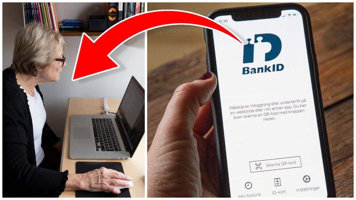 Kvinna vid dator och en mobiltelefon som visar BankID-appen.