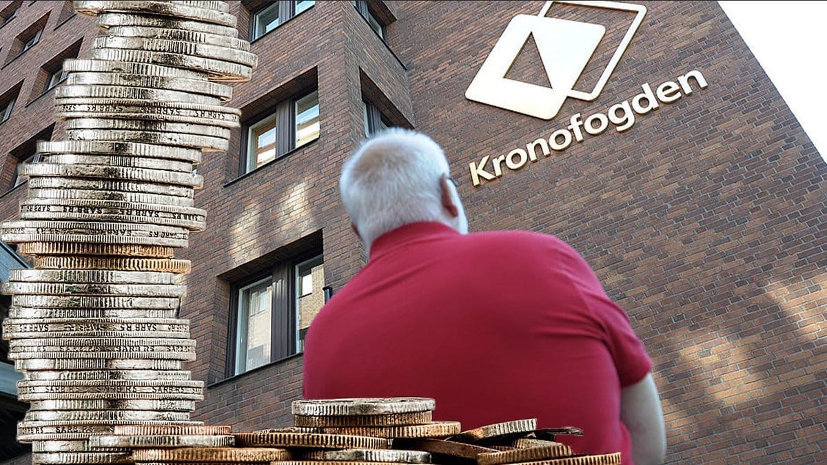 mynt, äldre man i röd tröja, kronofogden