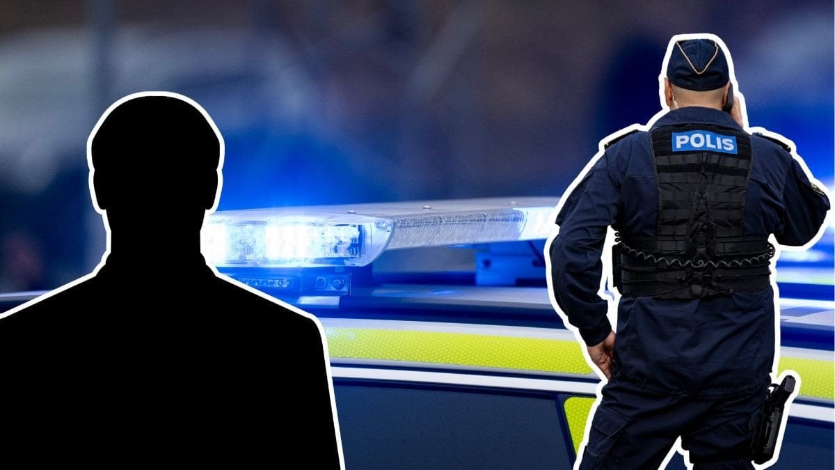 Blåljus, polisman och siluett av en man.