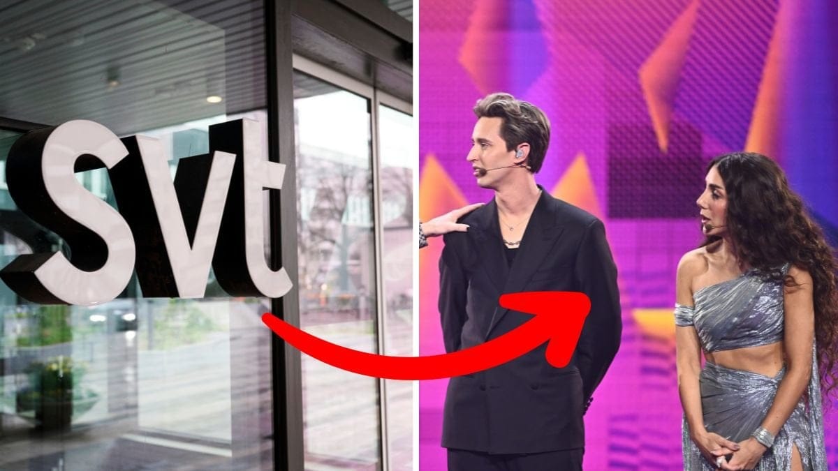 SVT-skylt vänster, Hampus Nessvold och Gina Dirawi på scenen av Melodifestivalen till höger.