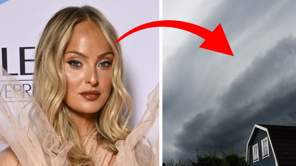 Alice Stenlöf till vänster, molnigt väder till höger. En röd pil pekar på vädret från bilden på Alice.