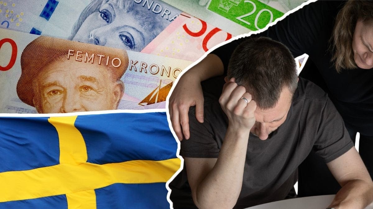 Pengar i bakgrunden. I förgrunden ett par som tröstar varandra och en svensk flagga.