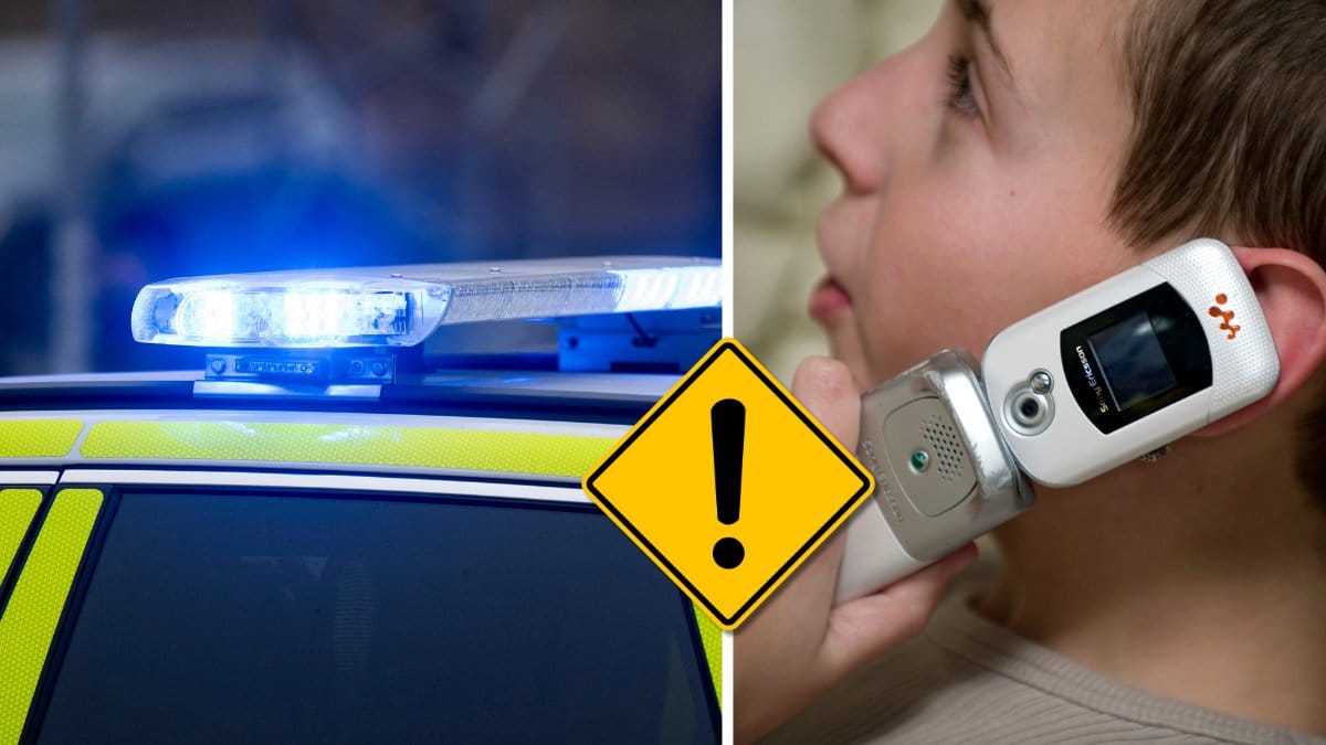 Polis och barn som pratar telefon.