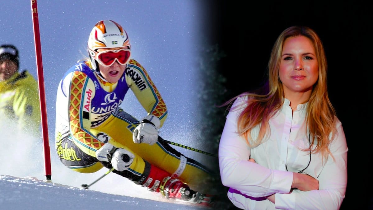Två bilder på Anja Pärson. En i skidbacken och en pressbild. 