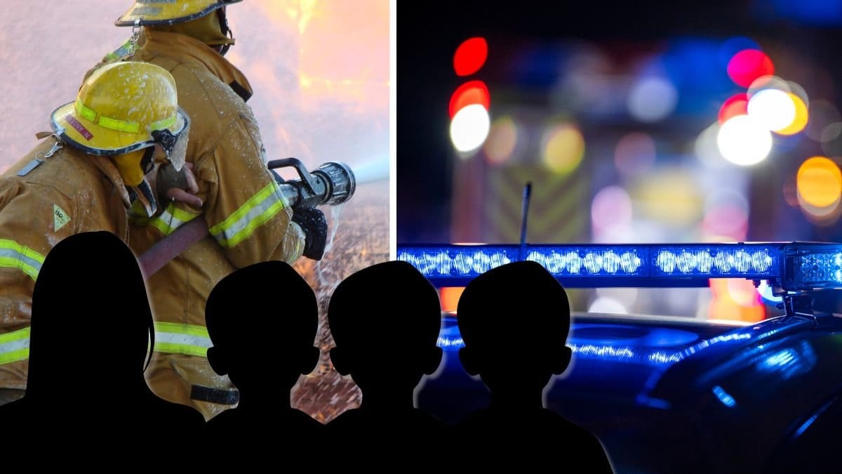 Brandmän till vänster, blåljus till höger. I mitten är det en siluett av en kvinna och tre siluetter av barn.