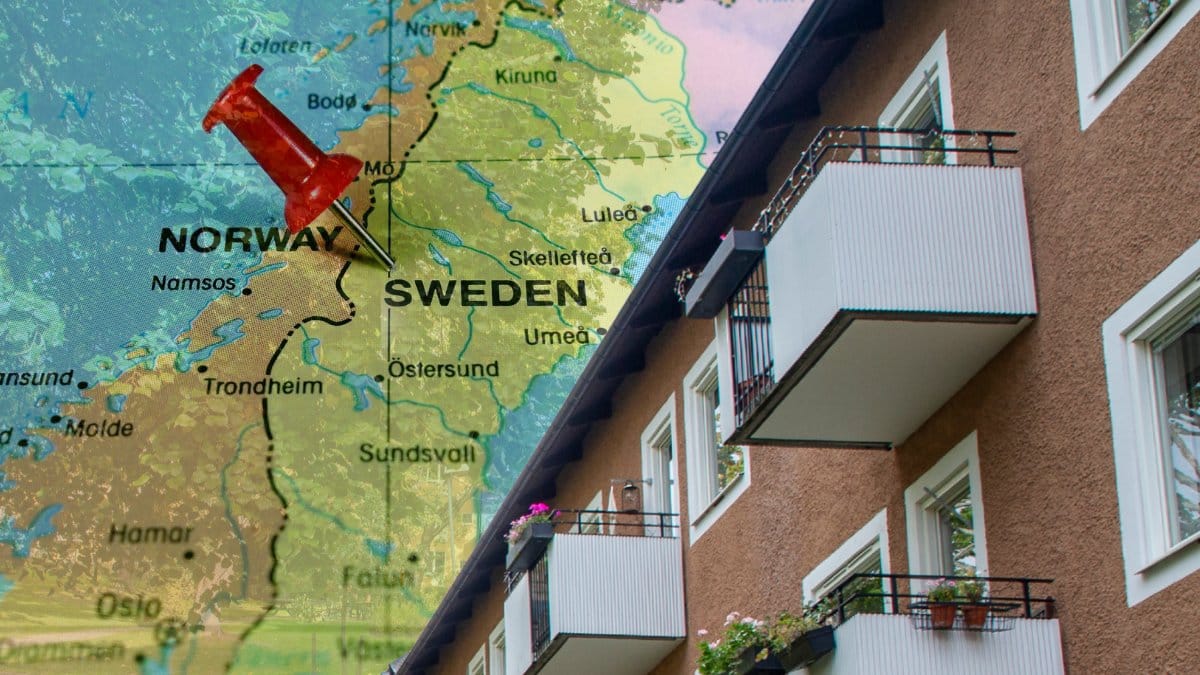 En karta med en nål pinnad på sverige i bakgrunden. Et utklippt hyreshus/lägenhetshus till vänster.