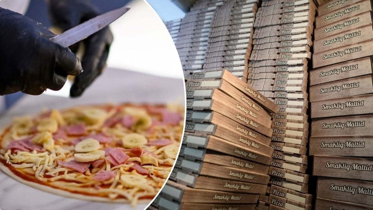 Bilder på en pizza och pizzakartonger.