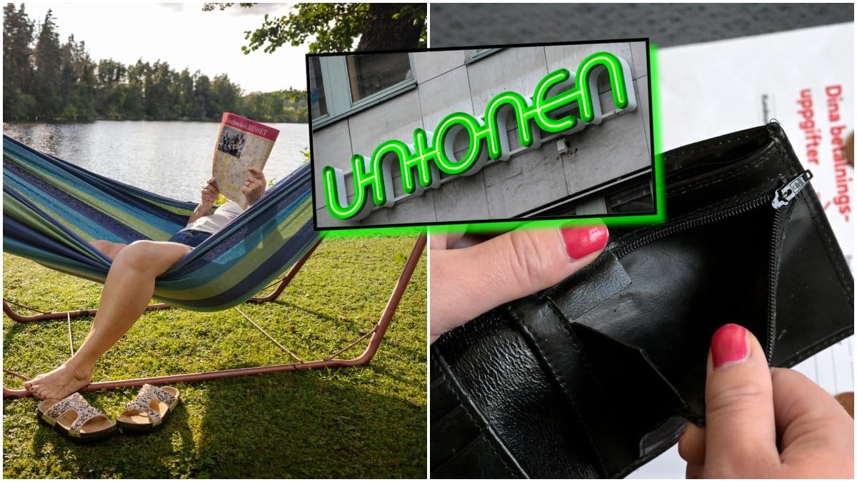 Person i hängmatta, tom plånbok och fackförbundet Unionens logotyp.