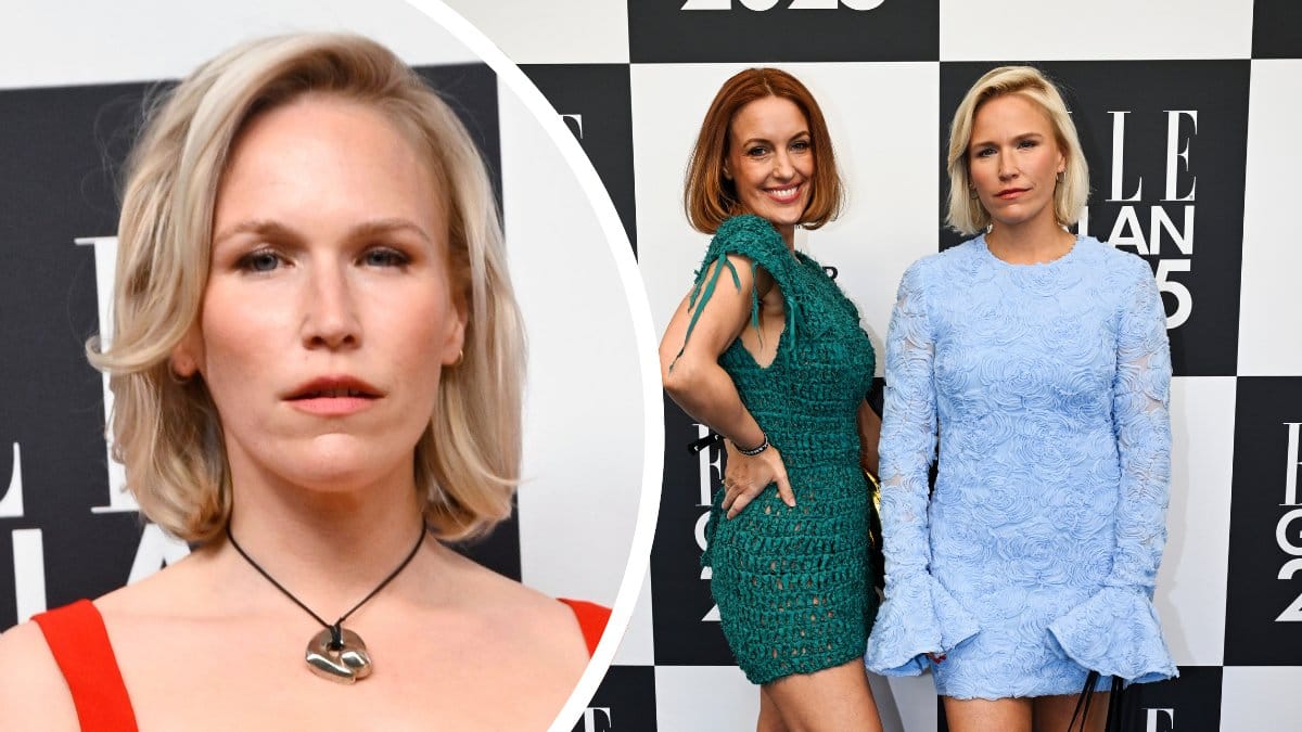 Frida Lund närbild vänster. Klara Doktorow och Frida Lund anländer till Elle-galan 2025 höger.