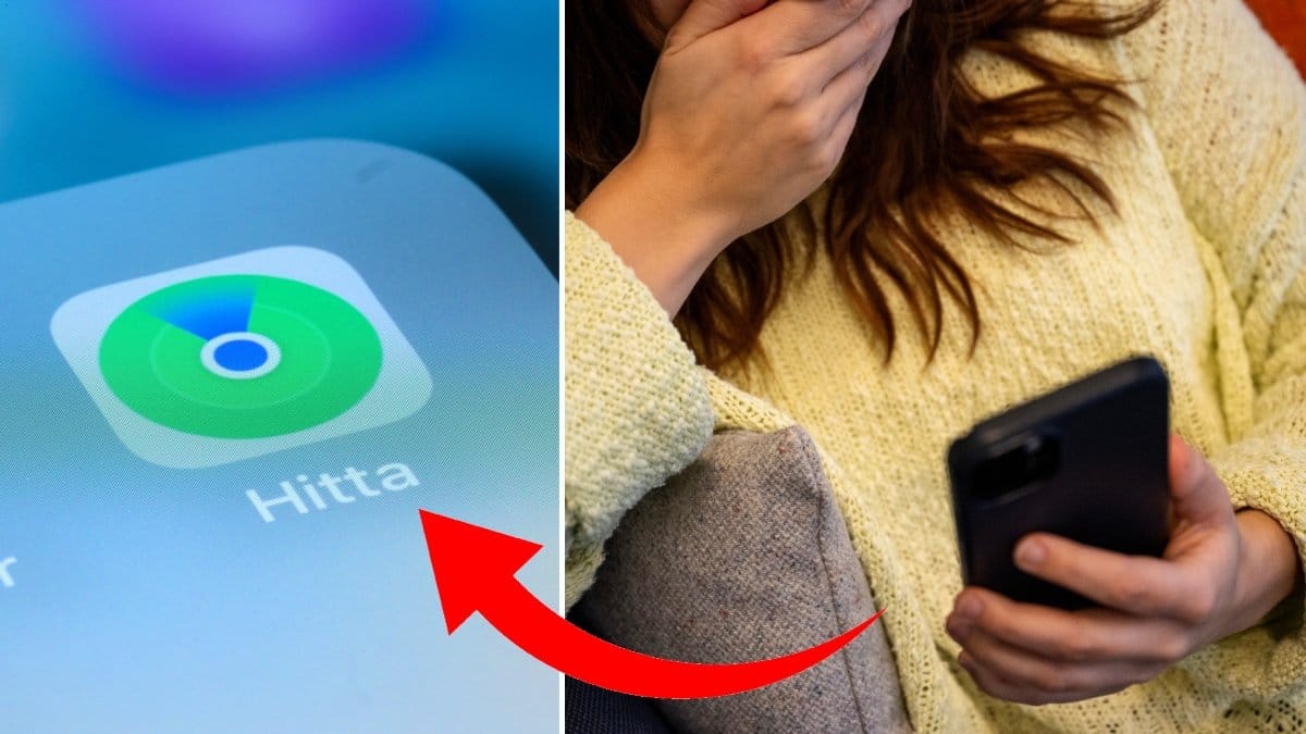 Till vänster syns symbolen hitta min Iphone. Applikationen är grön med blått i mitten. Till höger syns en kvinna hålla för munnen när hon kollar på sin mobil. Kvinnans ansikte syns inte men man ser att hon har på sig en vit tröja.