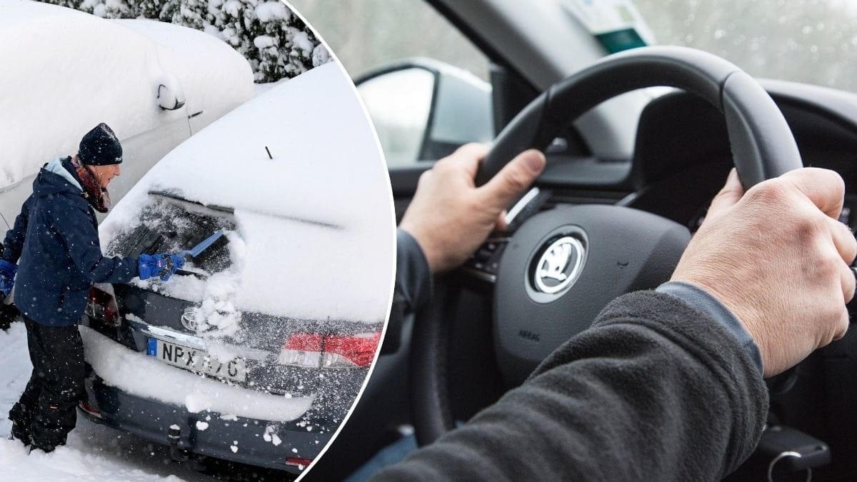 Bilder på en som kör bil och en som borstar av snö från sin bil.