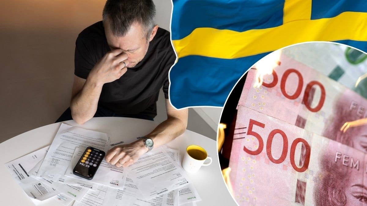 Man med räkningar, svenska flaggan och femhundralappar.