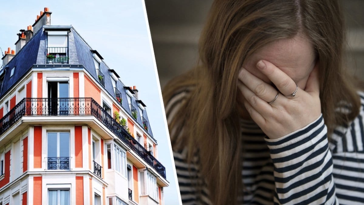 Lägenhetshus och ledsen kvinna