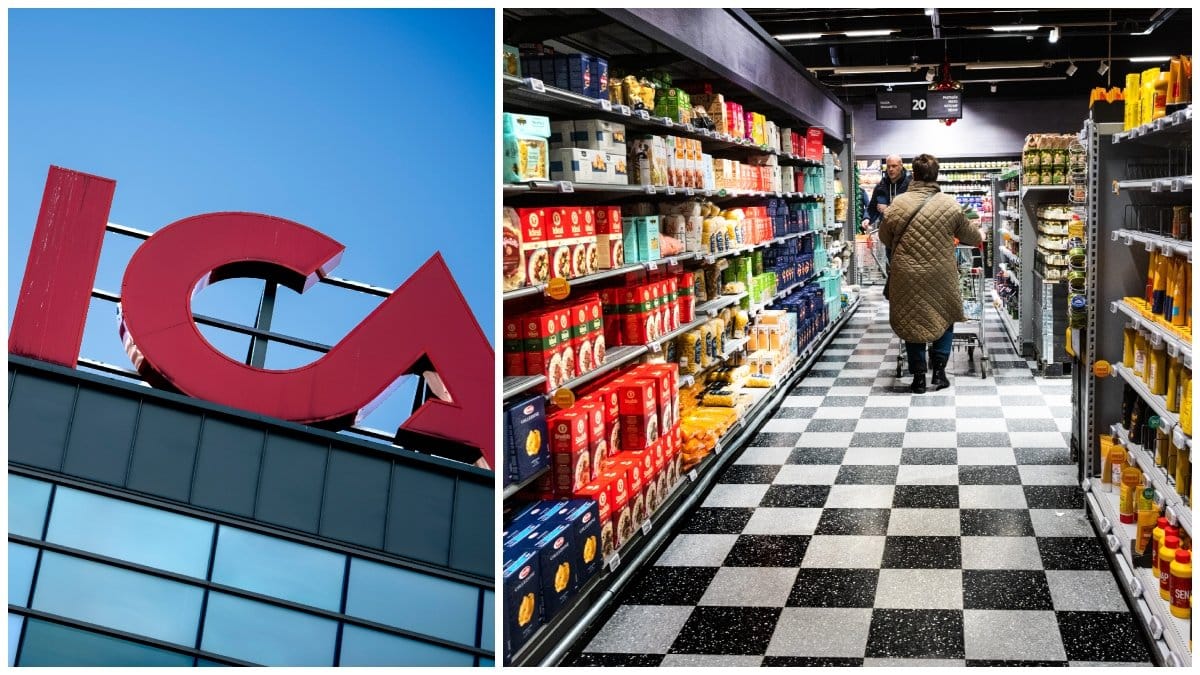Ica-skylt och kunder i en Ica-butik. 