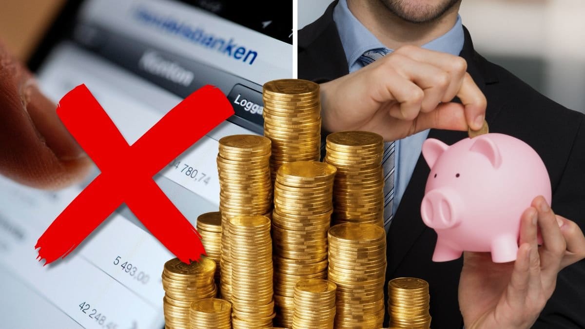 Sparkonto på banken och en person som sparar pengar i en spargris.