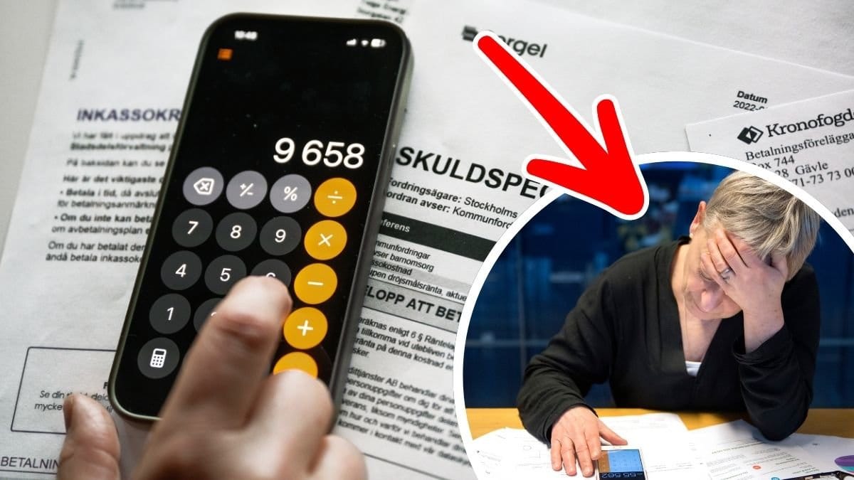 Kalkylator på mobiltelefon och en kvinna som sitter med räkningar