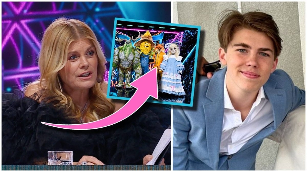 Pernilla Wahlgren som sitter i panelen i Masked Singer och närbild på sonen Theo Wahlgren