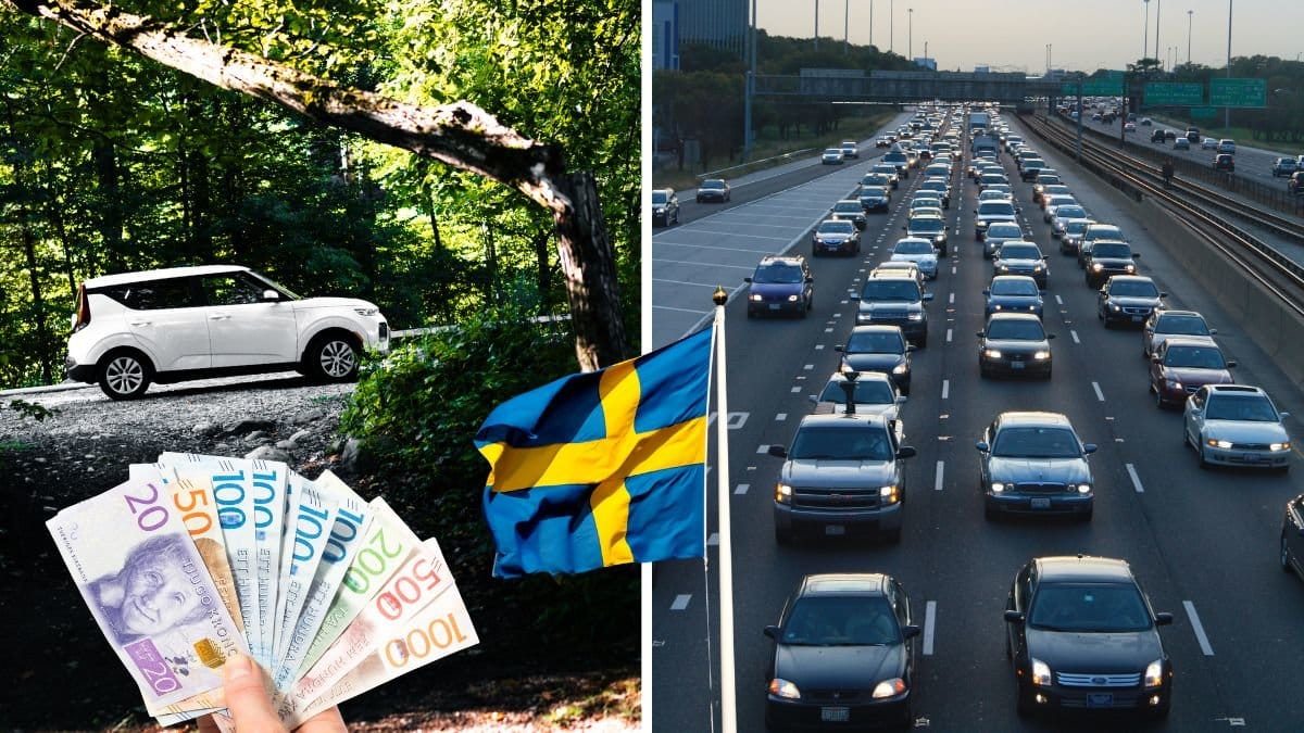 Bil som kör i skogen och bilväg.