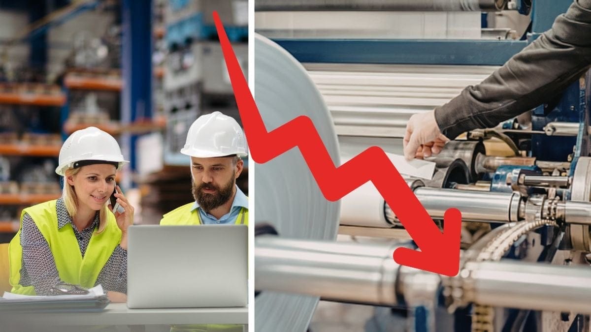 Två personer i reflexväst och hjälm tittar på en dator vänster. En tech-industri-lokal till höger. Nedåtgående röd graf i mitten.