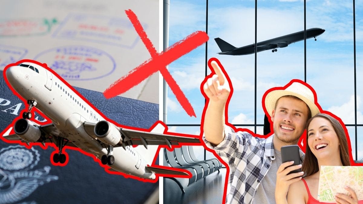 Pass till höger. Utklippt bild på ett flygplan till vänster. Flygplats till höger. Utklippt bild på två turister höger. Ett rött x i mitten.