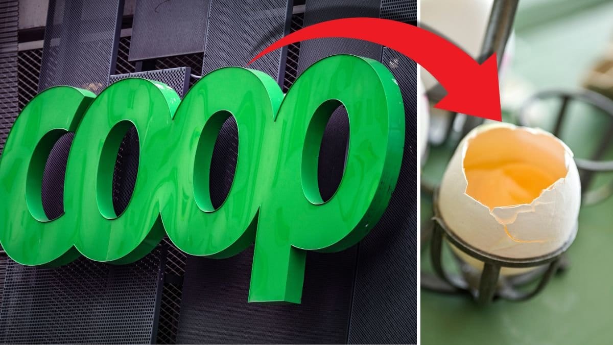 Coop skylt till vänster. Öppnat ägg till höger. Röd pil pekar på coop skylten till ägget. 