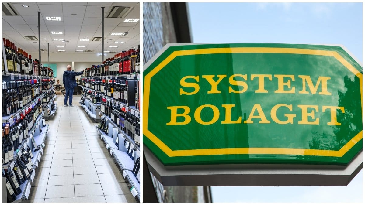 Gång i Systembolaget-butik och Systembolaget-skylt.