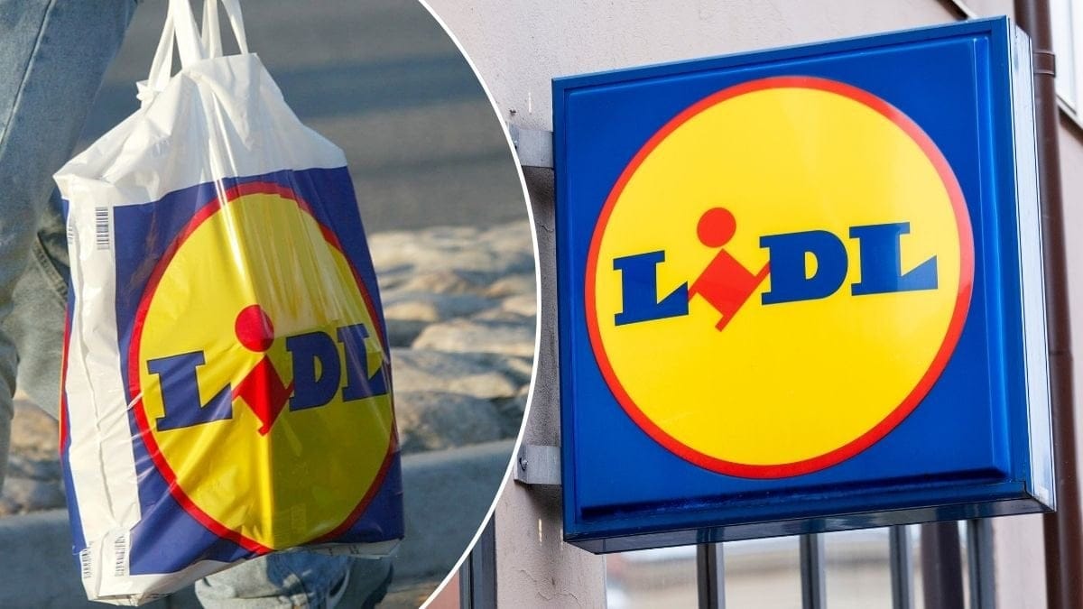 Bilder på Lidl-skylt och Lidl-kasse.