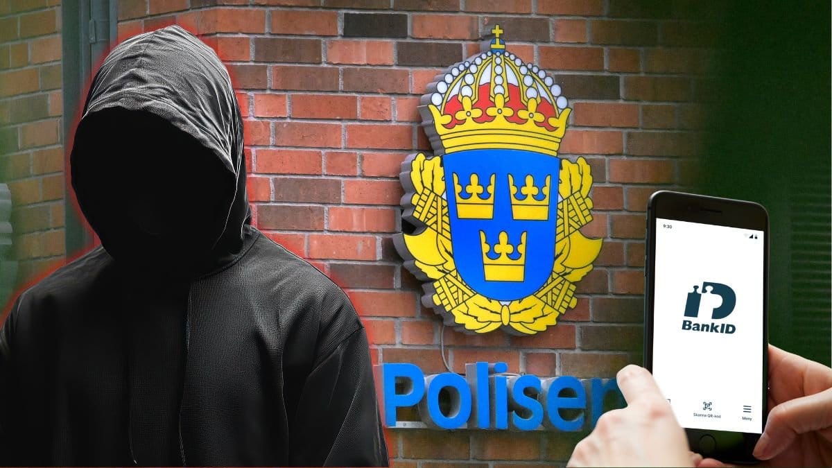 Anonym person, polisens logotyp och en mobil med BankID-appen aktiv.
