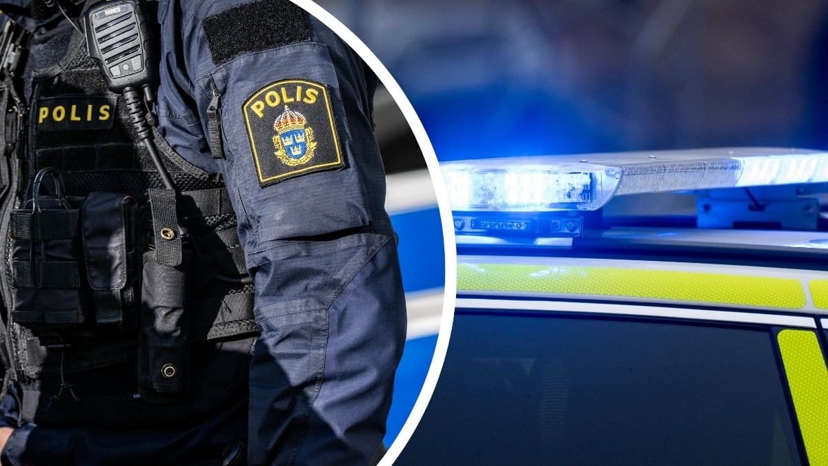 Polis-arm vänster. Blåljus polisbil höger.